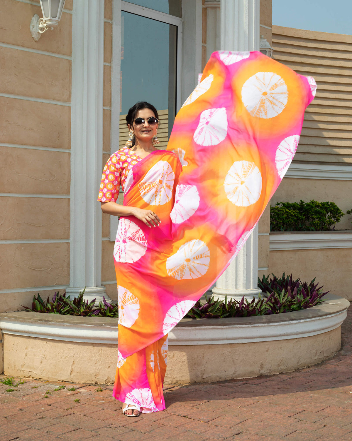 Orange And White Shiiborii Pattern Digital Print Georgette Saree