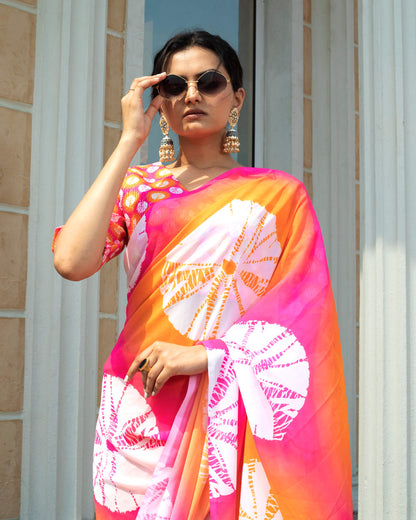 Orange And White Shiiborii Pattern Digital Print Georgette Saree