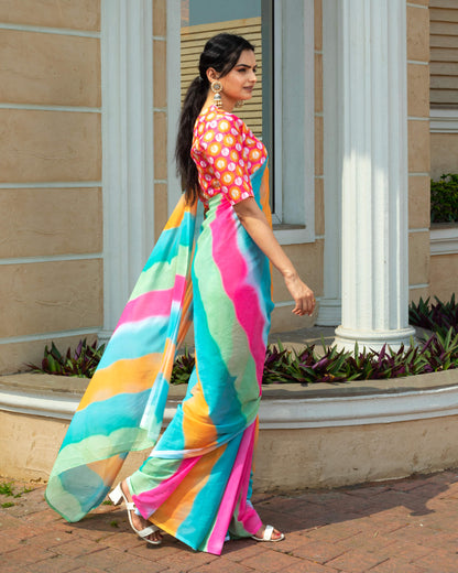 Multi-Color Stripes Pattern Digital Print Georgette Saree