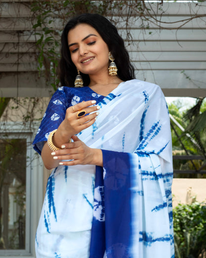 Pastel Blue & Navy Blue Shiiborii Pattern Digital Print Georgette Saree