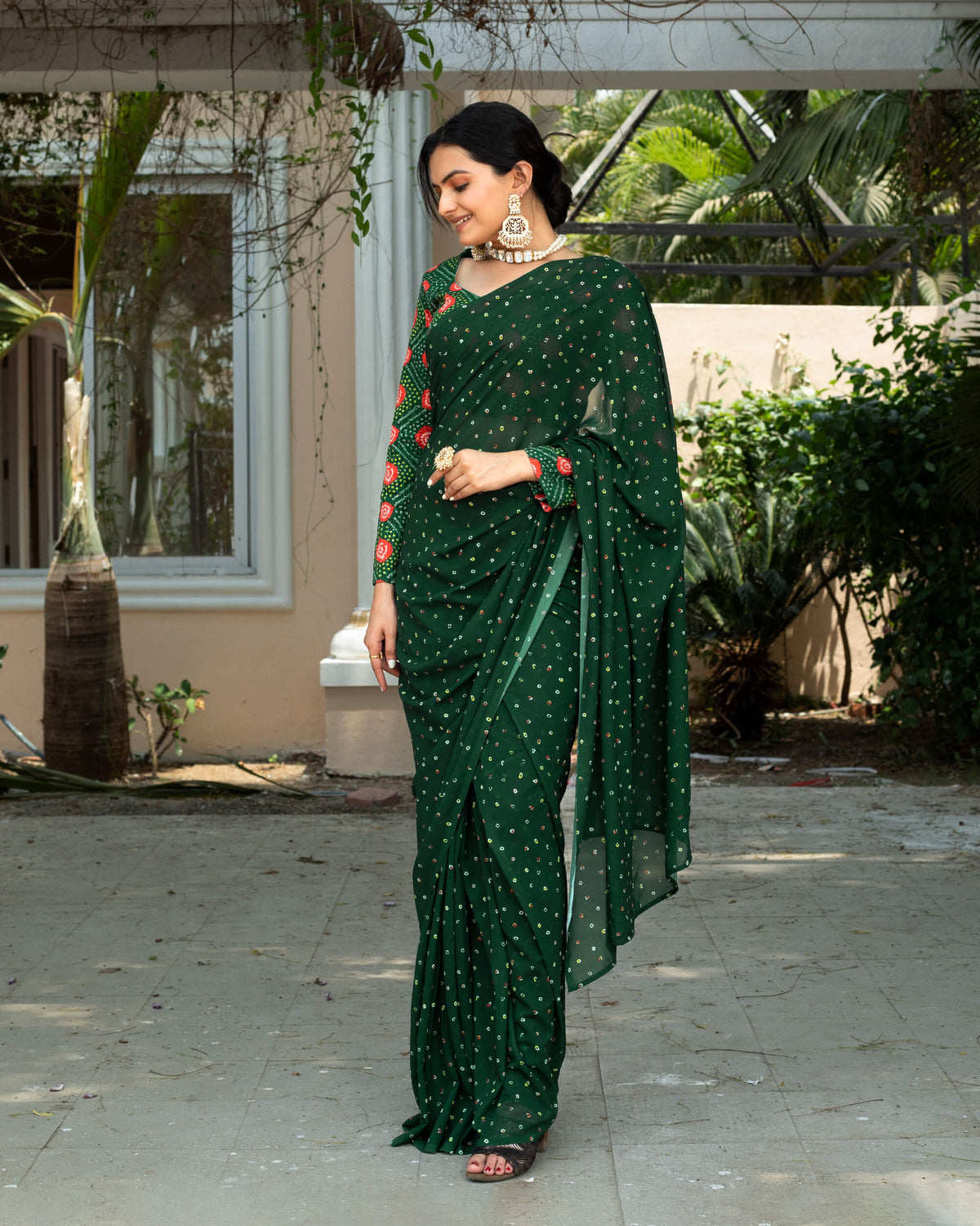 Kaitoke Green And Yellow Bandhanii Pattern Digital Print Georgette Saree