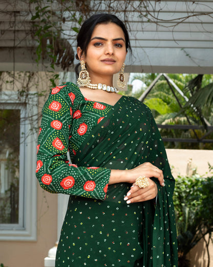 Kaitoke Green And Yellow Bandhanii Pattern Digital Print Georgette Saree