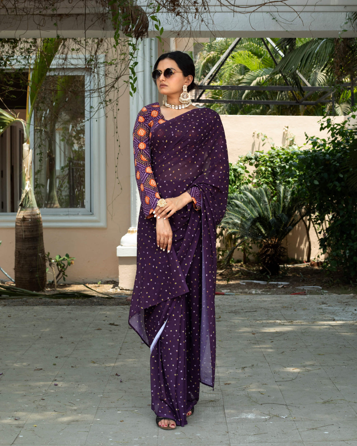 Raisin Purple And Yellow Bandhanii Pattern Digital Print Georgette Saree