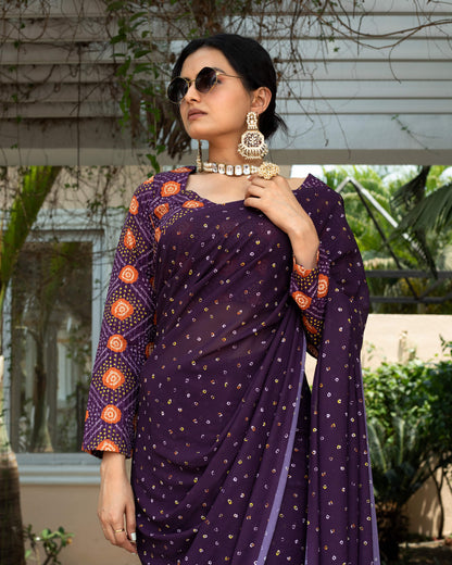 Raisin Purple And Yellow Bandhanii Pattern Digital Print Georgette Saree