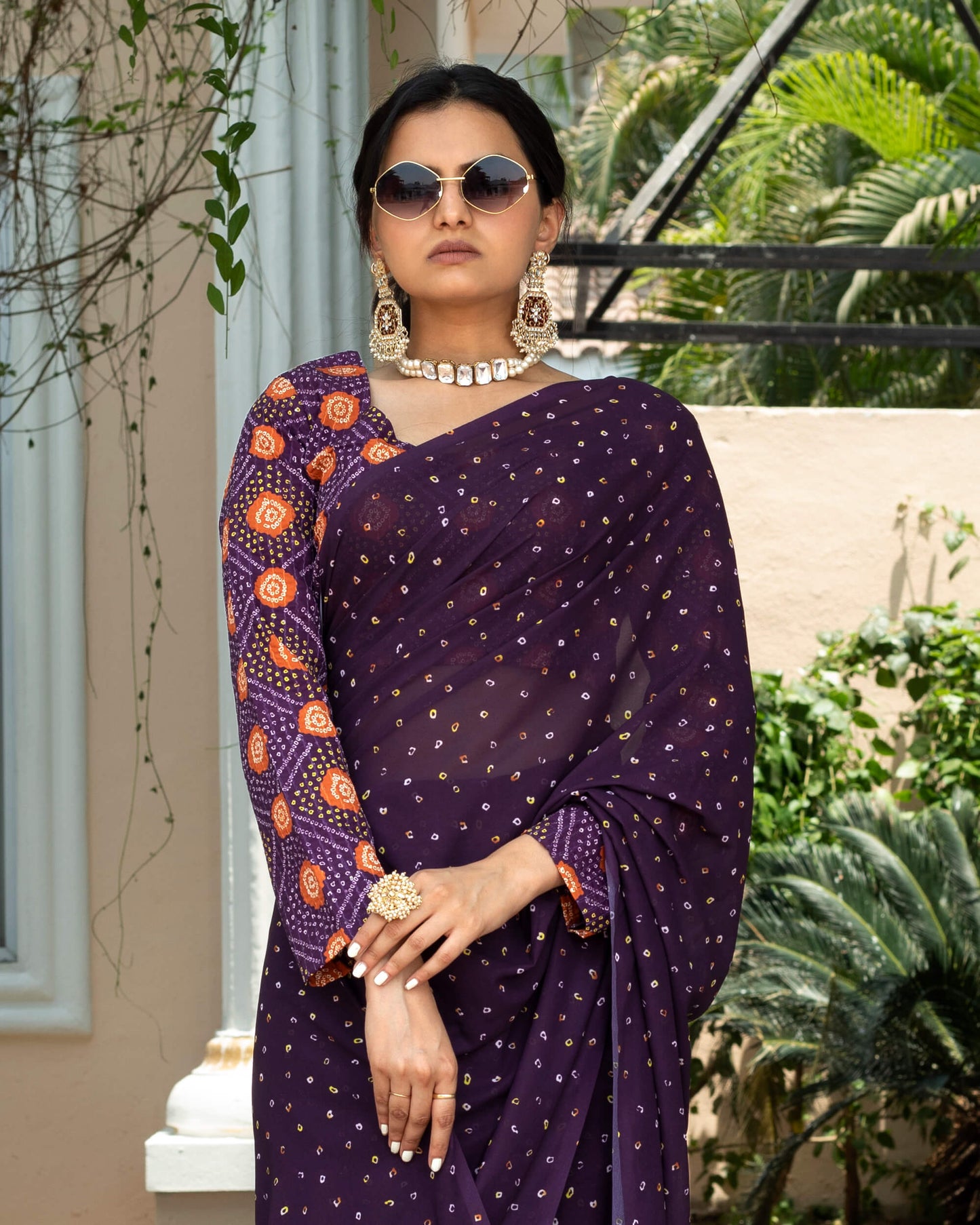 Raisin Purple And Yellow Bandhani Pattern Digital Print Georgette Pre-Draped Saree