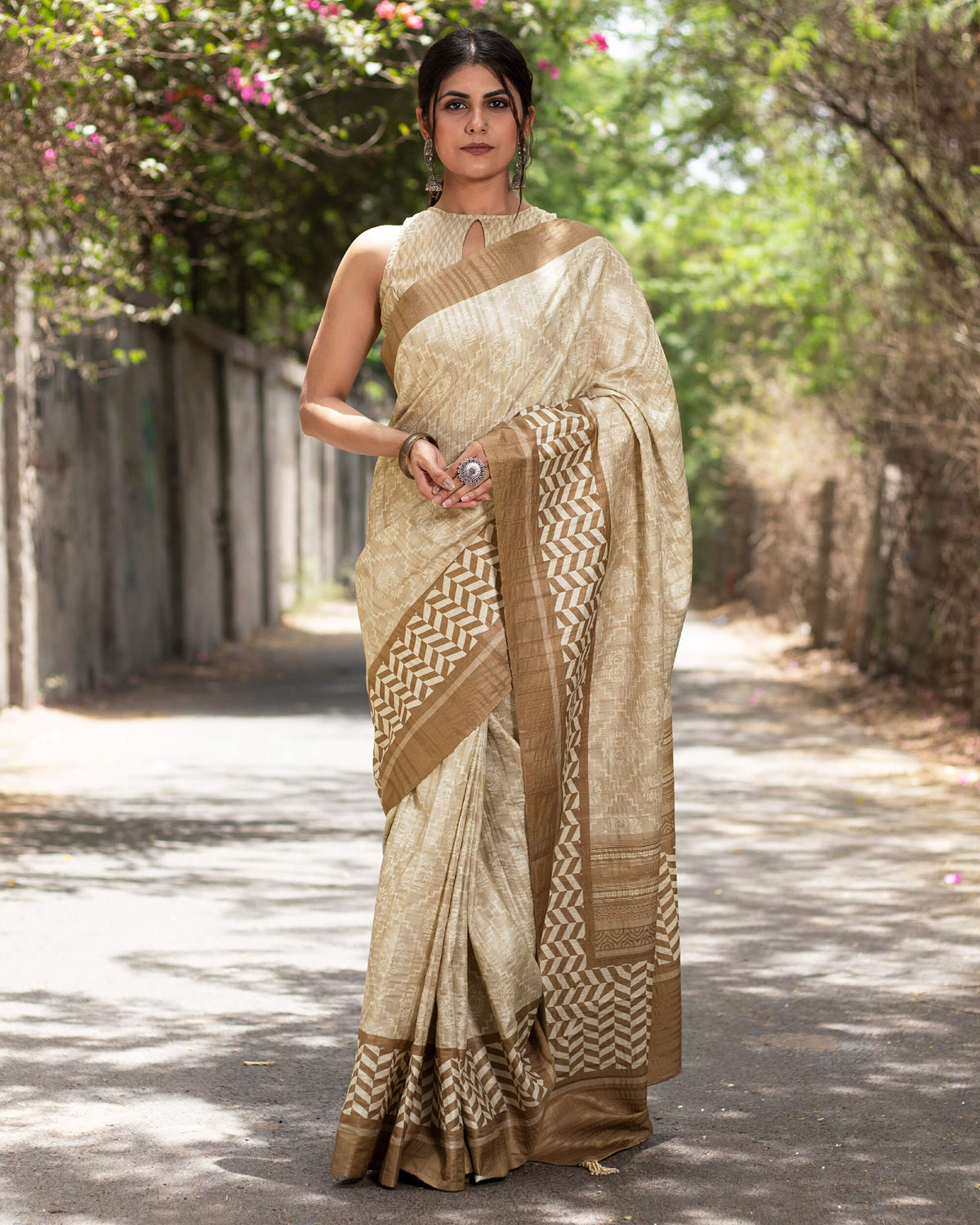 Oat Beige And Walnut Brown Traditional Pattern Digital Print Art Tusser Silk Saree With Tassels