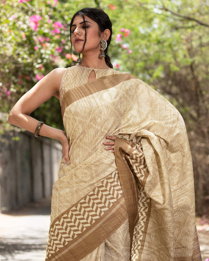 Oat Beige And Walnut Brown Traditional Pattern Digital Print Art Tusser Silk Saree With Tassels