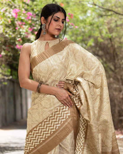Oat Beige And Walnut Brown Traditional Pattern Digital Print Art Tusser Silk Saree With Tassels
