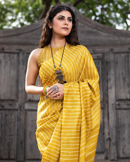 medallion Yellow And Oat Beige Stripes Pattern Digital Print Art Tusser Silk Saree With Tassels