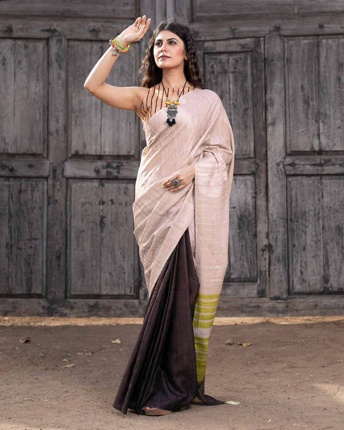 Oyster Pink And Chocolate Brown Ombre Pattern Digital Print Art Tusser Silk Saree With Tassels