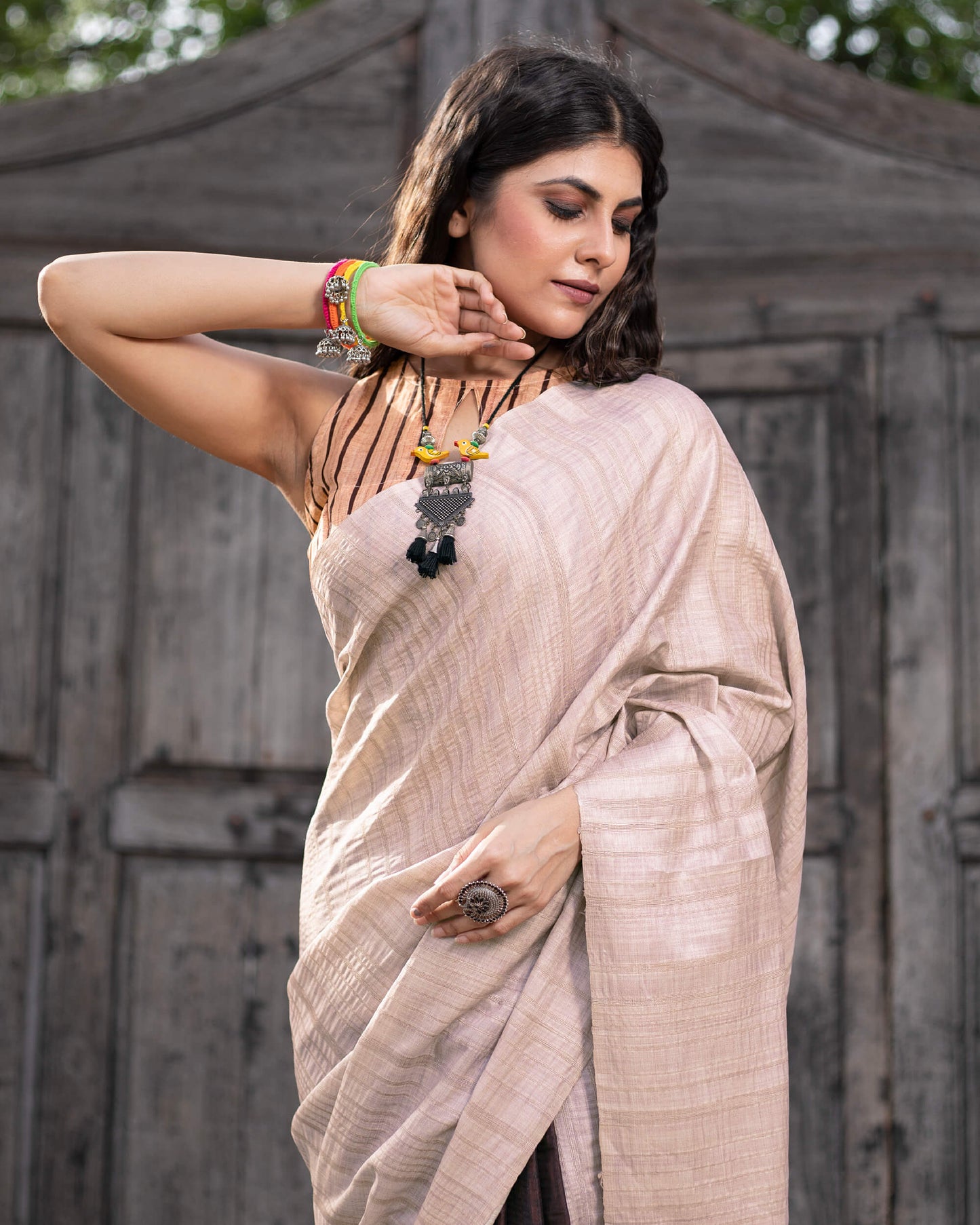 Oyster Pink And Chocolate Brown Ombre Pattern Digital Print Heritage Art Silk Saree With Tassels