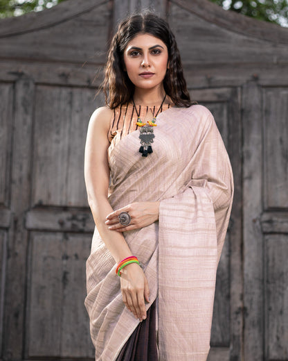 Oyster Pink And Chocolate Brown Ombre Pattern Digital Print Art Tusser Silk Saree With Tassels