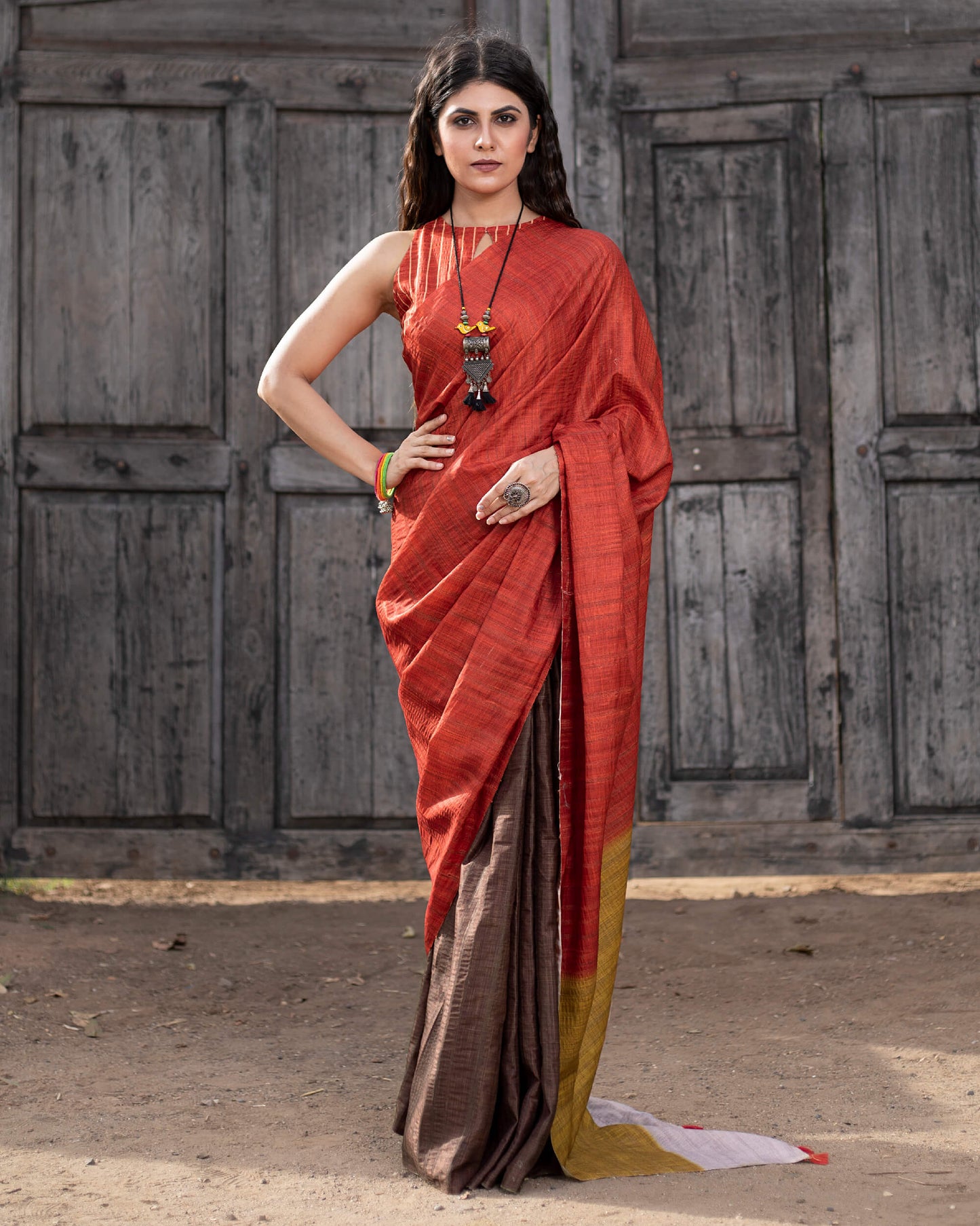 Brick Red And Umber Brown Ombre Pattern Digital Print Heritage Art Silk Saree With Tassels