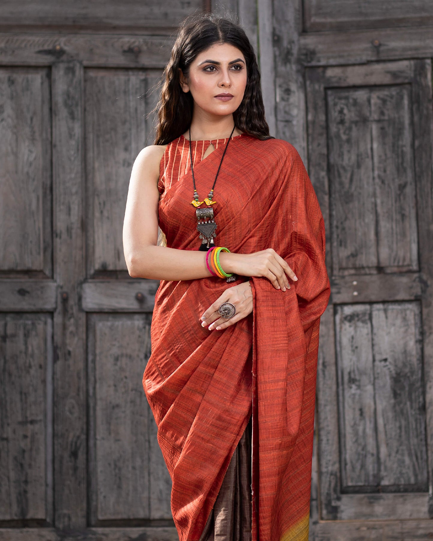 Brick Red And Umber Brown Ombre Pattern Digital Print Heritage Art Silk Saree With Tassels