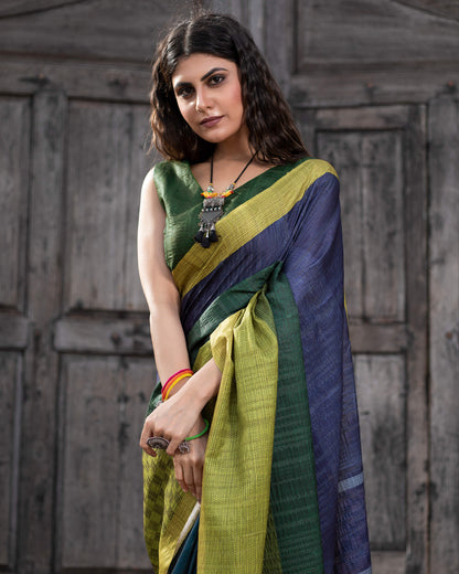 Green And Blue Stripes Pattern Digital Print Art Tusser Silk Saree With Tassels