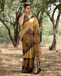 Tussock Brown And Chocolate Brown Madhuvanii Pattern Digital Print Art Tusser Silk Saree With Tassels