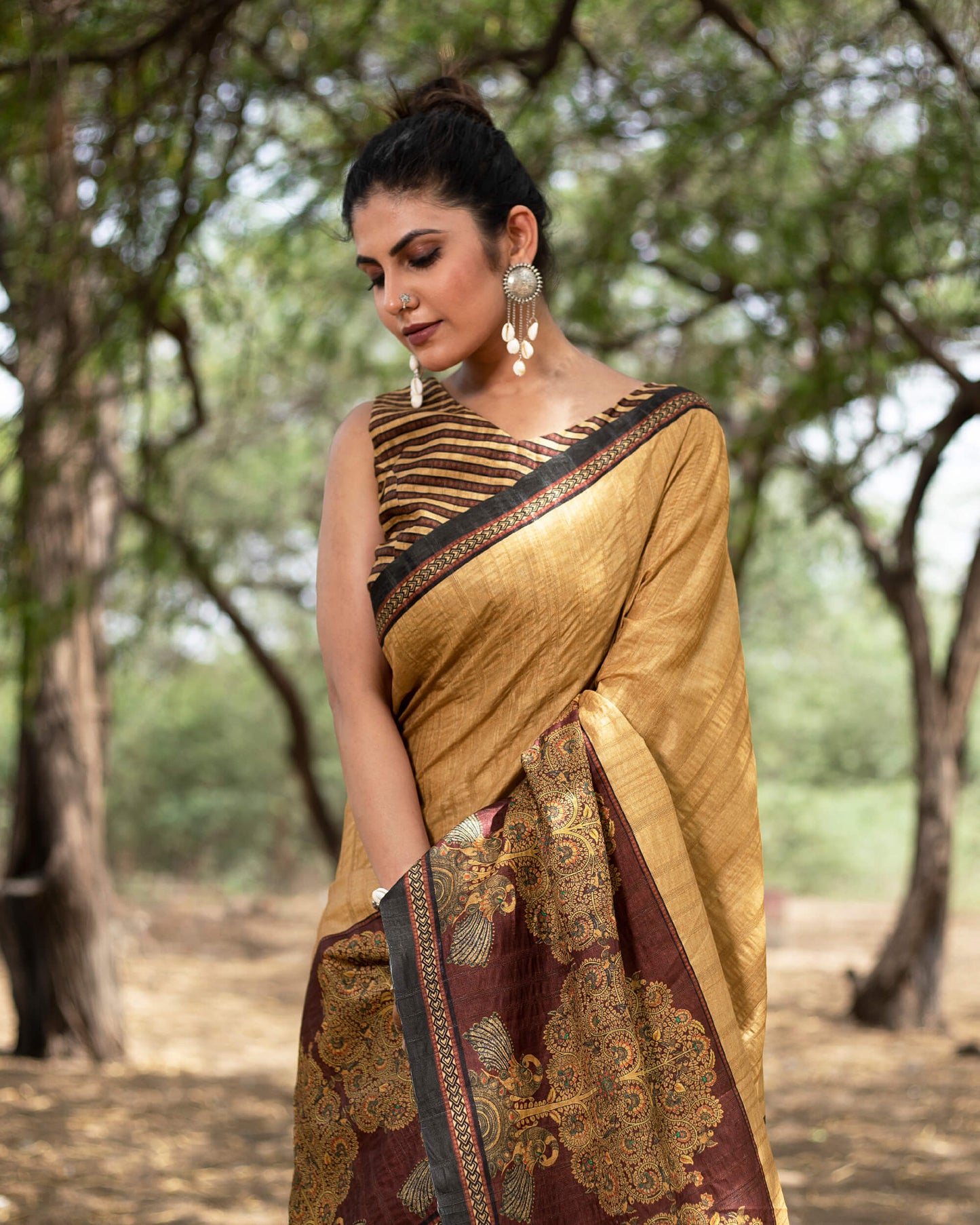 Tussock Brown And Chocolate Brown Madhubani Pattern Digital Print Heritage Art Silk Saree With Tassels