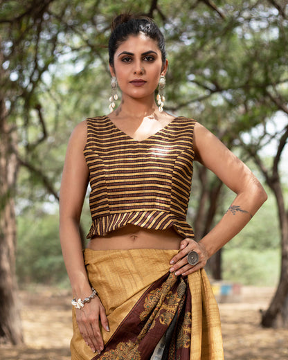 Tussock Brown And Chocolate Brown Madhuvanii Pattern Digital Print Art Tusser Silk Saree With Tassels