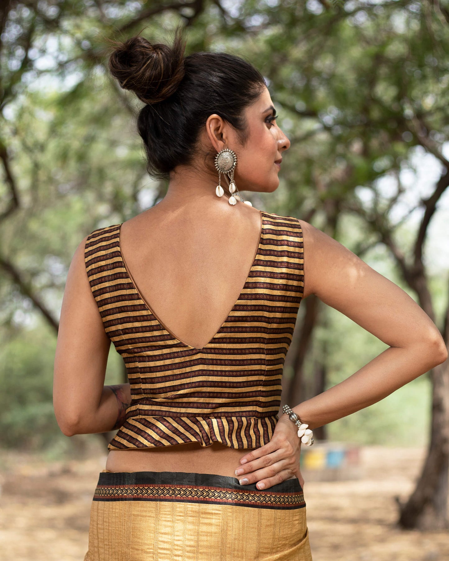 Tussock Brown And Chocolate Brown Madhubani Pattern Digital Print Heritage Art Silk Saree With Tassels