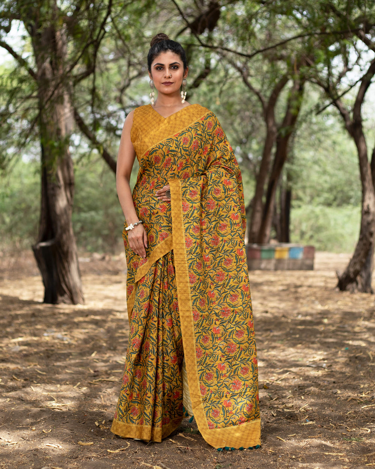 Mustard Yellow And Red Floral Pattern Digital Print Art Tusser Silk Saree With Tassels