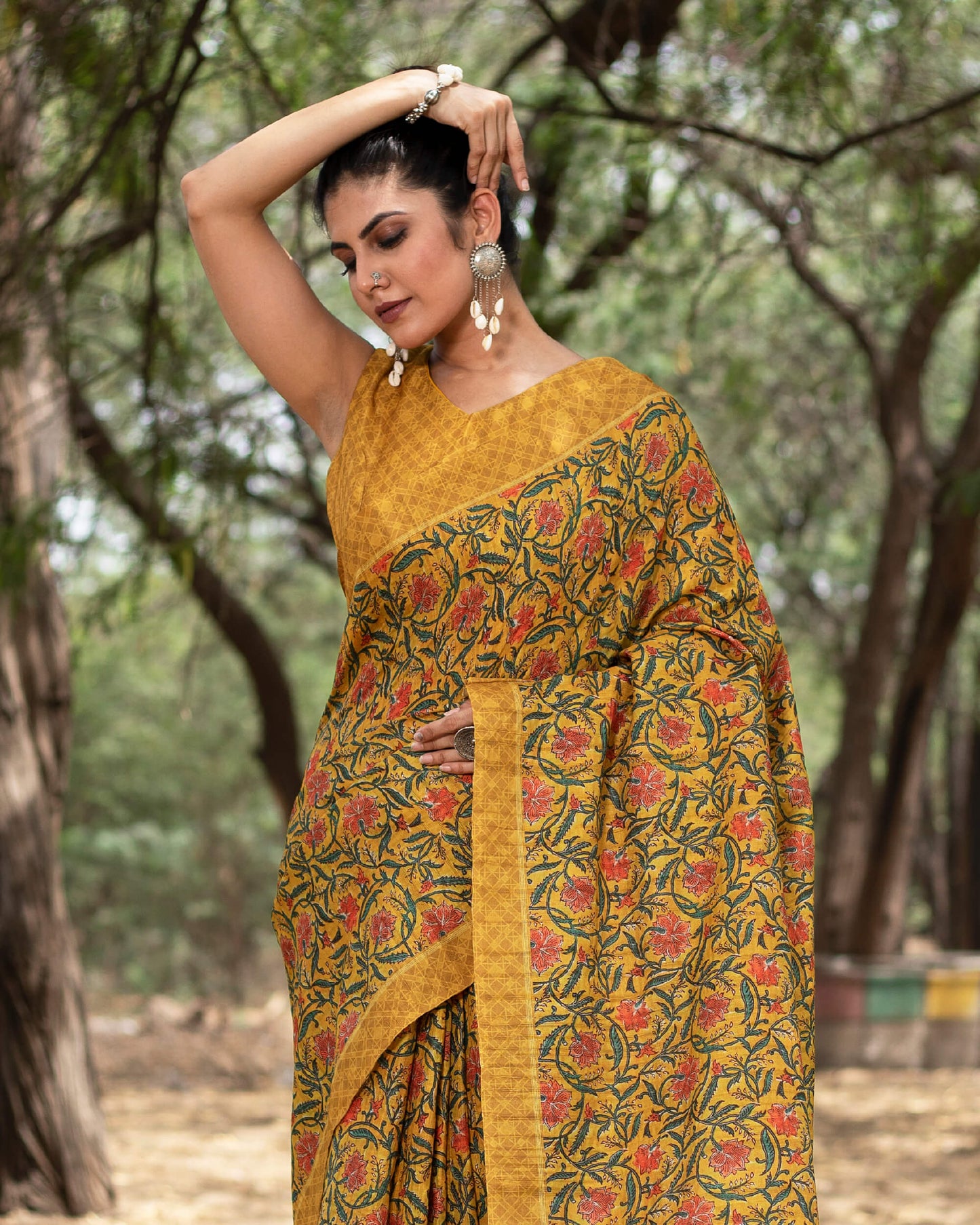Mustard Yellow And Red Floral Pattern Digital Print Heritage Art Silk Saree With Tassels