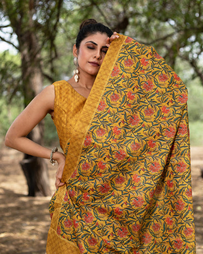 Mustard Yellow And Red Floral Pattern Digital Print Art Tusser Silk Saree With Tassels