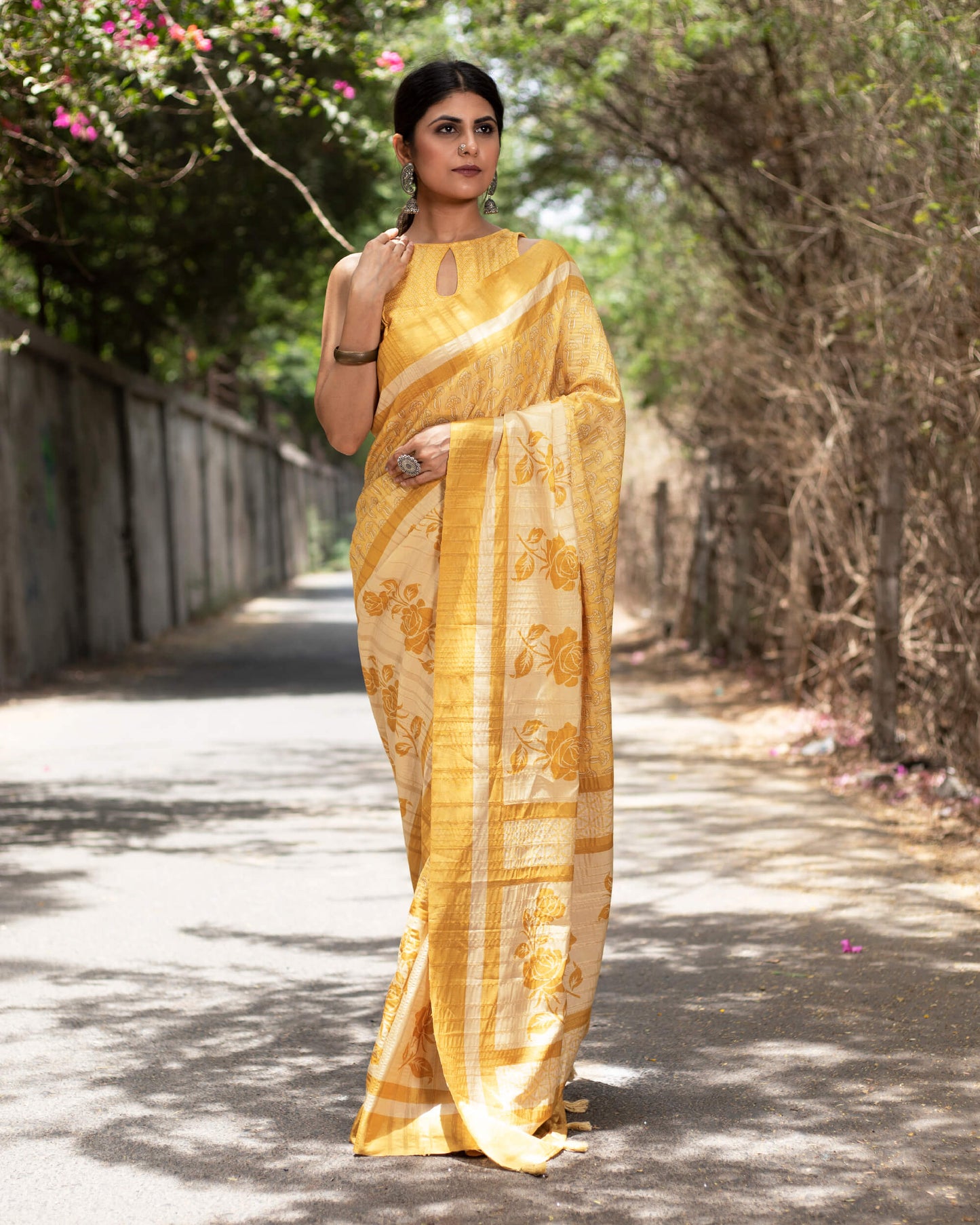 Flaxen Yellow And Oat Beige Floral Pattern Digital Print Heritage Art Silk Saree With Tassels