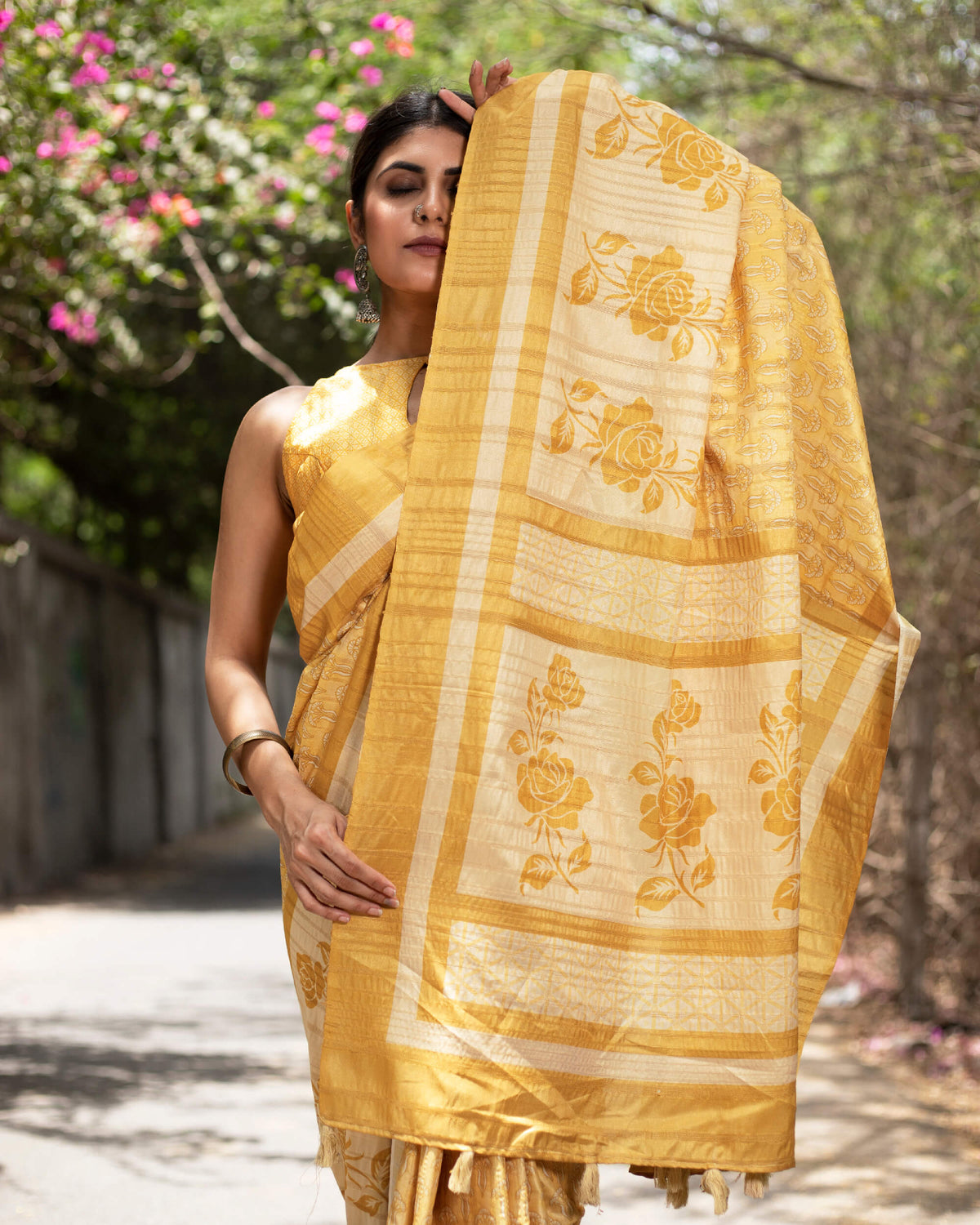 Flaxen Yellow And Oat Beige Floral Pattern Digital Print Art Tusser Silk Saree With Tassels