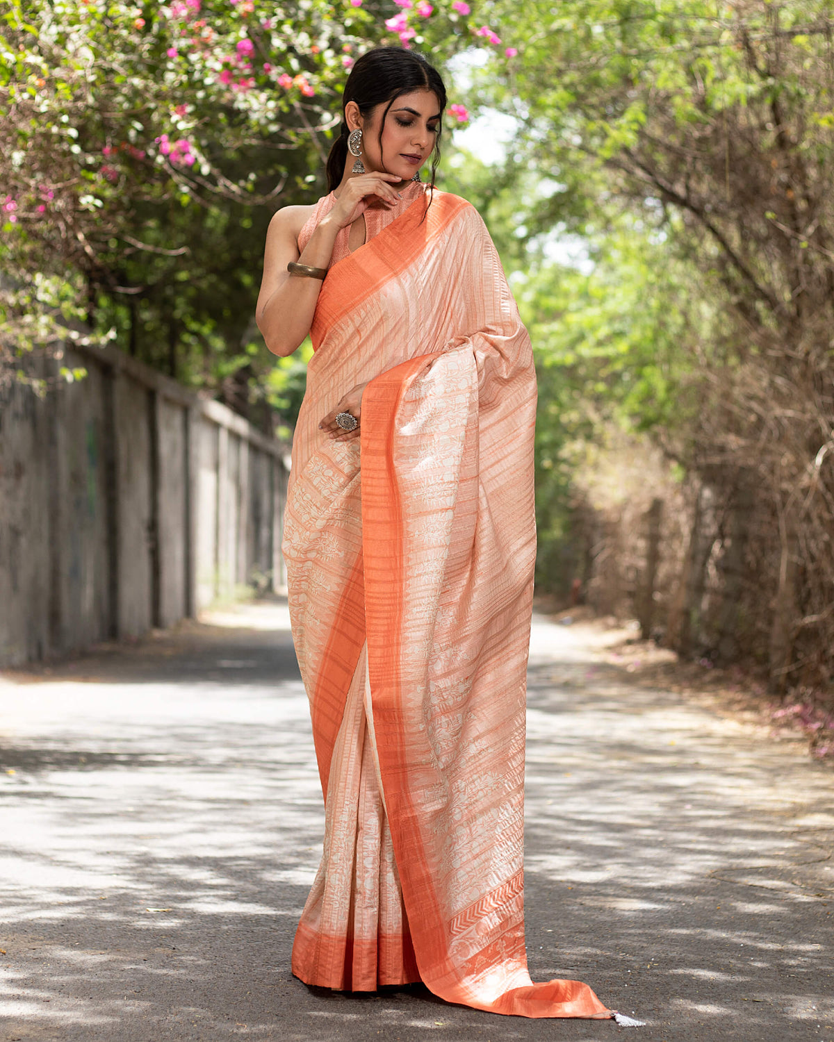 Salmon Orange And White Floral Pattern Digital Print Art Tusser Silk Saree With Tassels