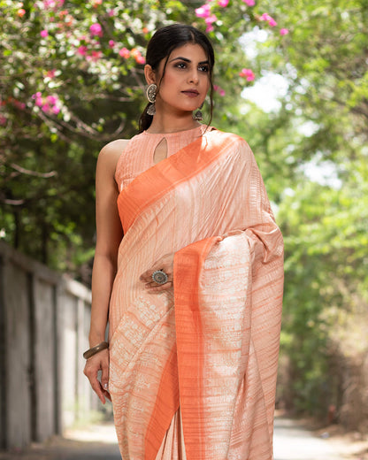 Salmon Orange And White Floral Pattern Digital Print Art Tusser Silk Saree With Tassels