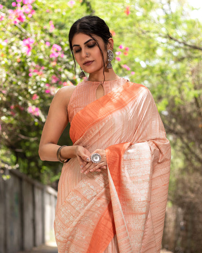 Salmon Orange And White Floral Pattern Digital Print Art Tusser Silk Saree With Tassels