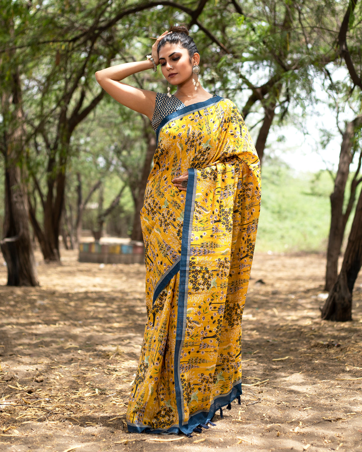 Medallion Yellow And Green Floral Pattern Digital Print Art Tusser Silk Saree With Tassels