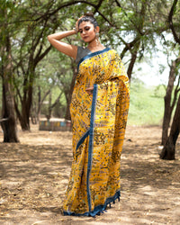 Medallion Yellow And Green Floral Pattern Digital Print Art Tusser Silk Saree With Tassels