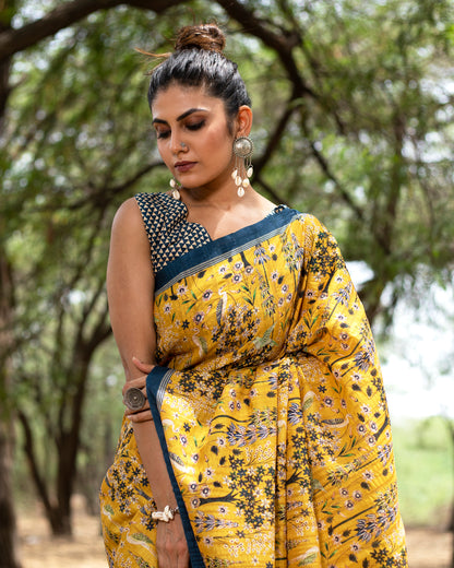 Medallion Yellow And Green Floral Pattern Digital Print Art Tusser Silk Saree With Tassels