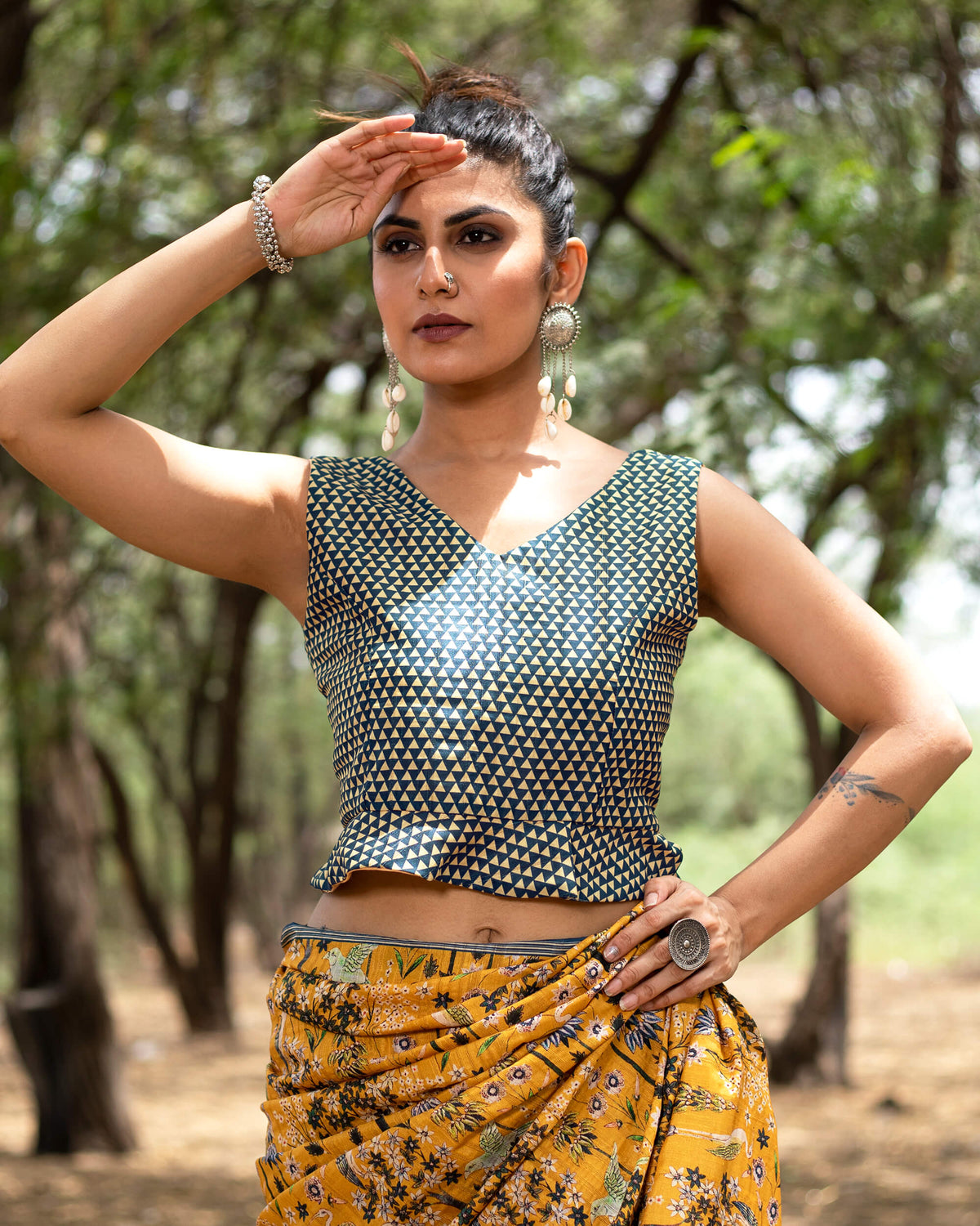 Geometric Printed Silk Peplum Blouse