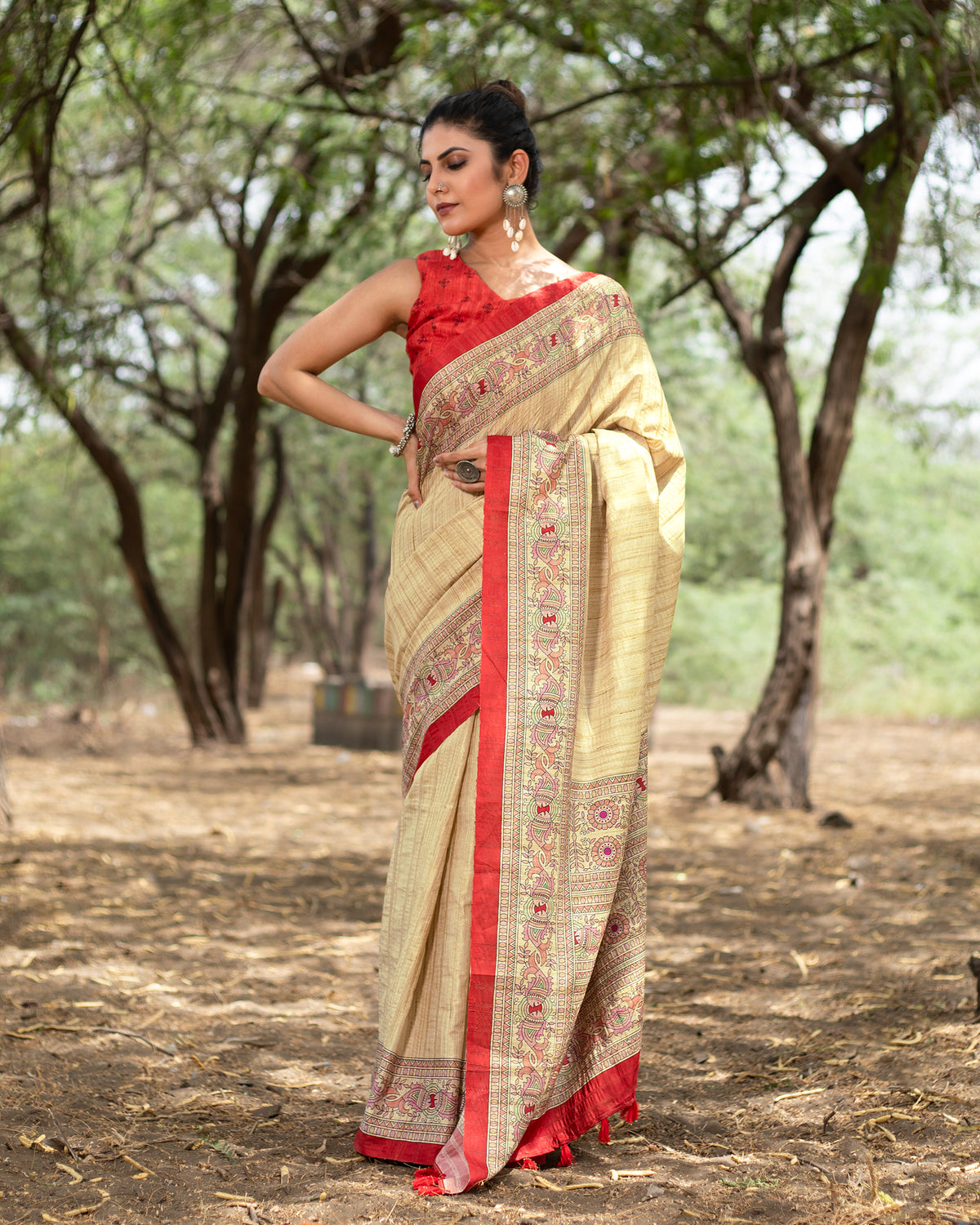 Ecru Beige And Burnt Orange Madhuvanii Pattern Digital Print Art Tusser Silk Saree With Tassels