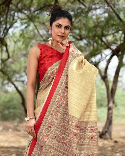 Ecru Beige And Burnt Orange Madhuvanii Pattern Digital Print Art Tusser Silk Saree With Tassels