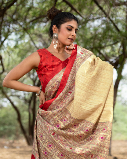 Ecru Beige And Burnt Orange Madhuvanii Pattern Digital Print Art Tusser Silk Saree With Tassels