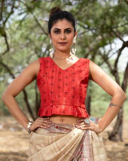 Ecru Beige And Burnt Orange Madhuvanii Pattern Digital Print Art Tusser Silk Saree With Tassels