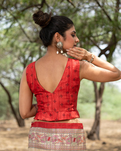 Ecru Beige And Burnt Orange Madhuvanii Pattern Digital Print Art Tusser Silk Saree With Tassels