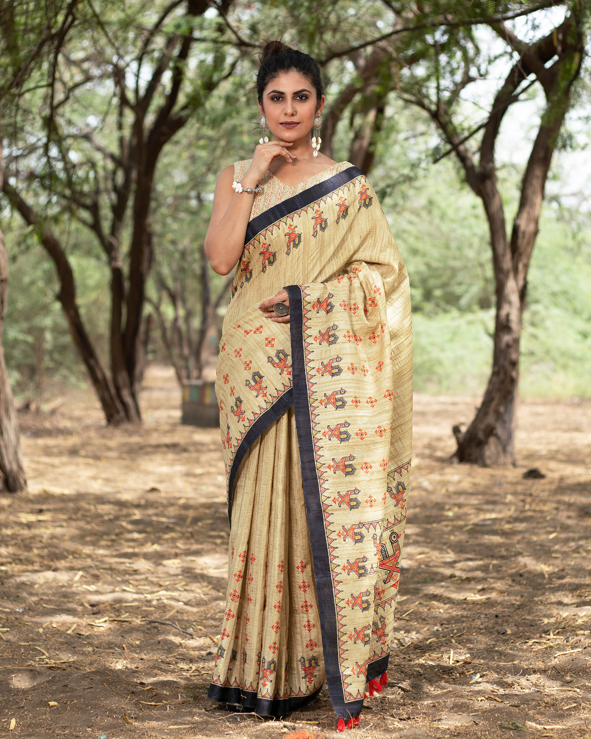 Ecru Beige And Red Madhuvanii Pattern Digital Print Art Tusser Silk Saree With Tassels