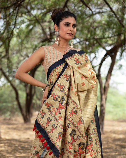 Ecru Beige And Red Madhuvanii Pattern Digital Print Art Tusser Silk Saree With Tassels