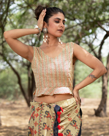 Ecru Beige And Red Madhuvanii Pattern Digital Print Art Tusser Silk Saree With Tassels
