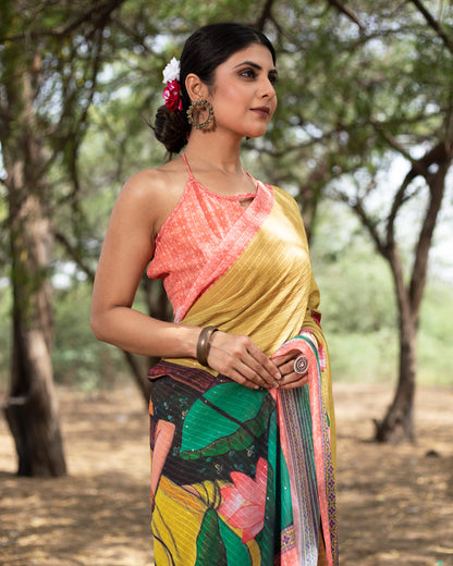 Trombone Yellow And Pink Floral Pattern Premium Sequins Georgette Saree With Tassels