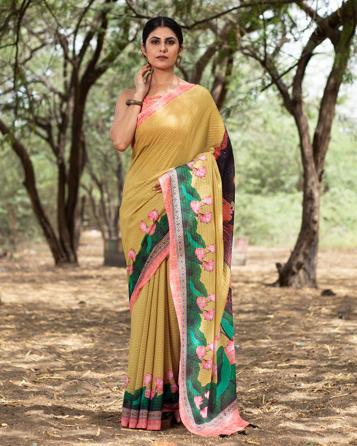 Trombone Yellow And Pink Floral Pattern Premium Sequins Georgette Saree With Tassels