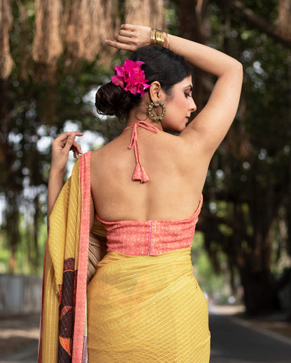 Trombone Yellow And Pink Floral Pattern Premium Sequins Georgette Saree With Tassels