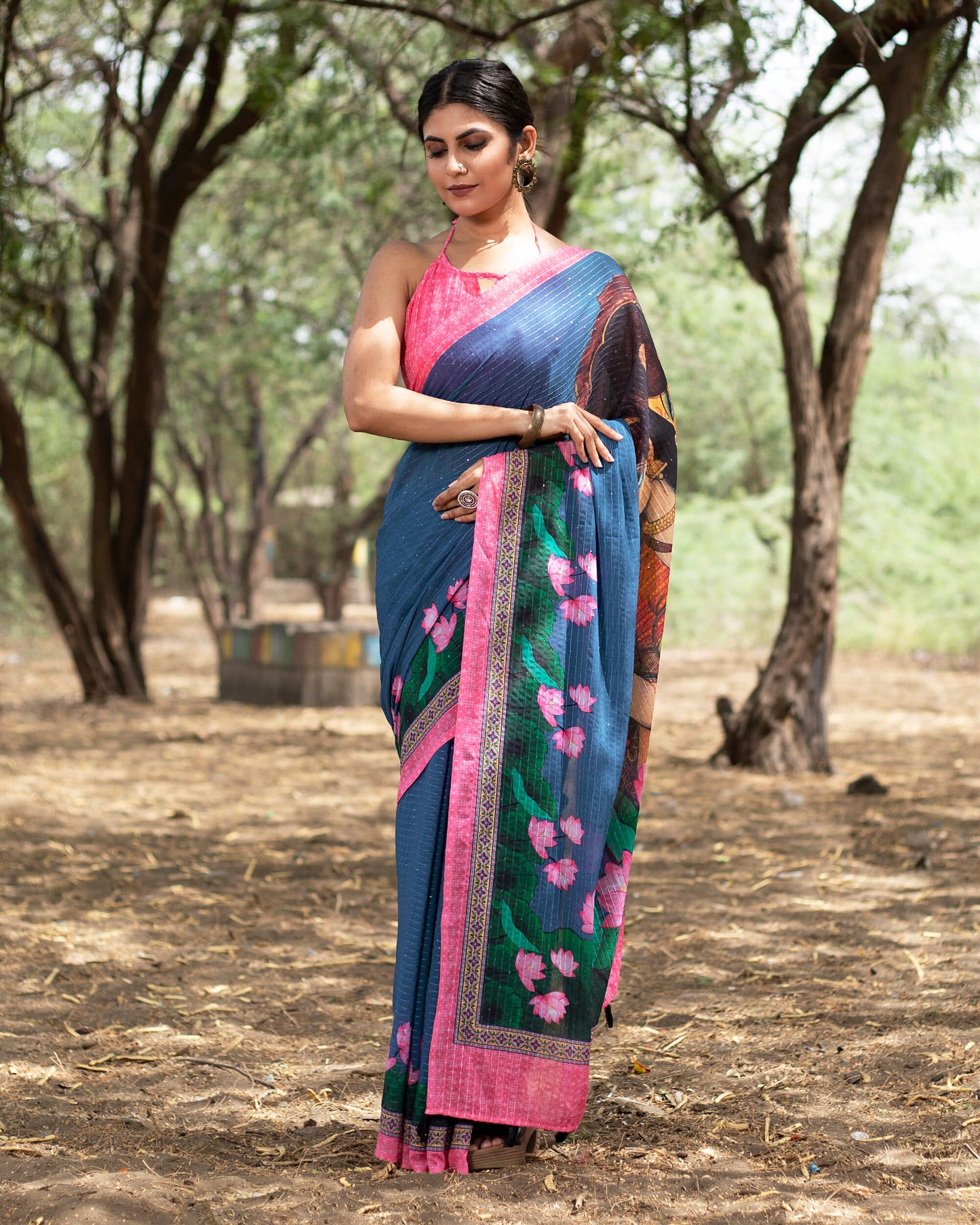 Prussian Blue And Pink Floral Pattern Digital Print Premium Sequins Georgette Saree With Tassels