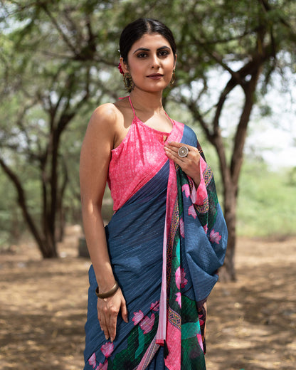 Prussian Blue And Pink Floral Pattern Digital Print Premium Sequins Georgette Saree With Tassels