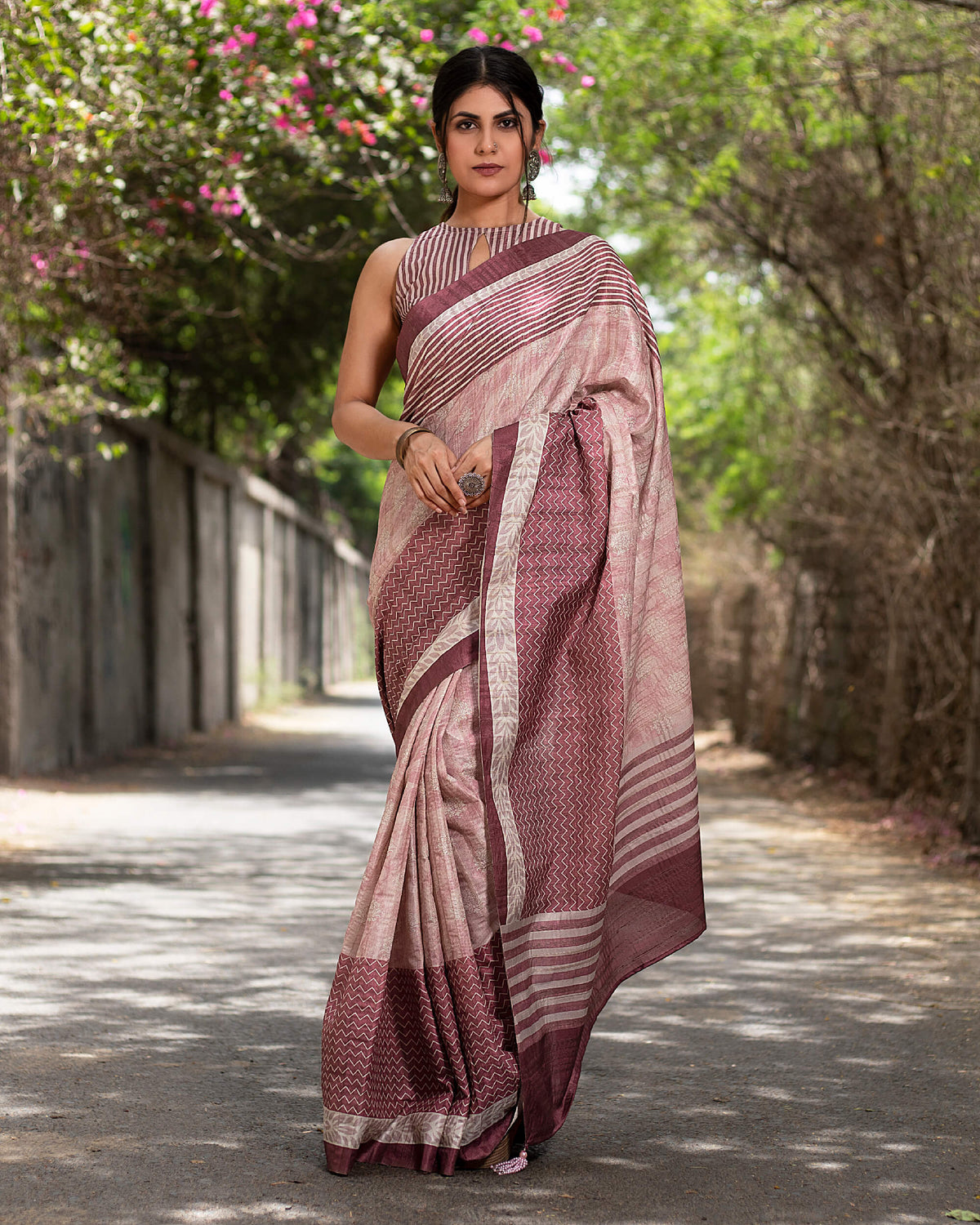 Cannon Pink And White Chevron Pattern Digital Print Art Tusser Silk Saree With Tassels
