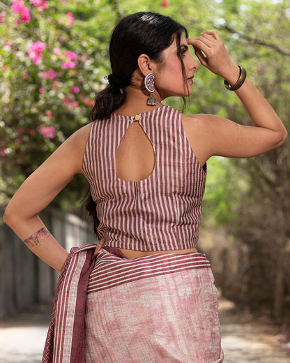 Cannon Pink And White Chevron Pattern Digital Print Art Tusser Silk Saree With Tassels